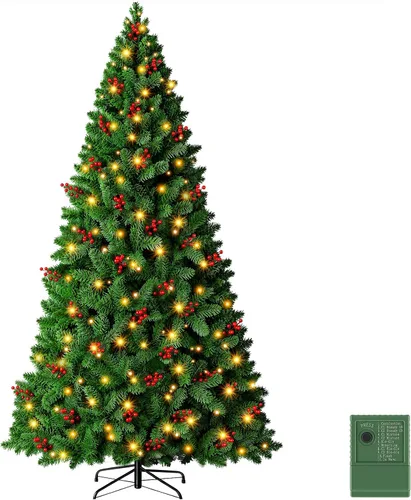Vista 21 de NEWBULIG Árbol de Navidad preiluminado de 4.5 pies con bayas rojas Verde