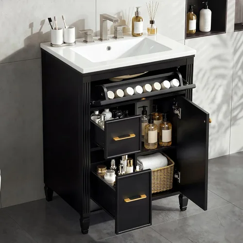 Vista 16 de Harper & Bright Designs Tocador de baño de 24 pulgadas con lavabo, tocador de lavabo individual independiente con una puerta y 3 cajones de cierre