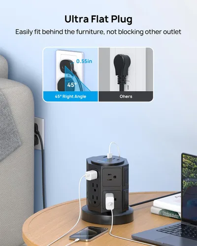 Vista 8 de TROND Tira de alimentación con protector de sobretensiones de torre y USB, 14 tomas ampliamente espaciadas, 2 USB C y 2 USB-A, protección contra
