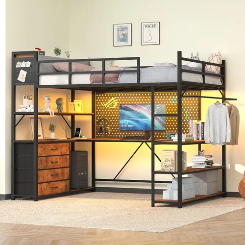 Vista 9 de Cama elevada de tamaño individual con almacenamiento y cabecero tapizado, estructura de cama elevada de metal con escritorio en forma de U y luces