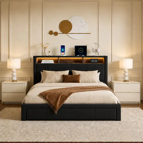 Vista 8 de Tufted Bed Frame with Headboard Shelves, Charging Station, LED Lights, Large Underbed Storage Drawer, No Box Spring Needed (Beige, Full)