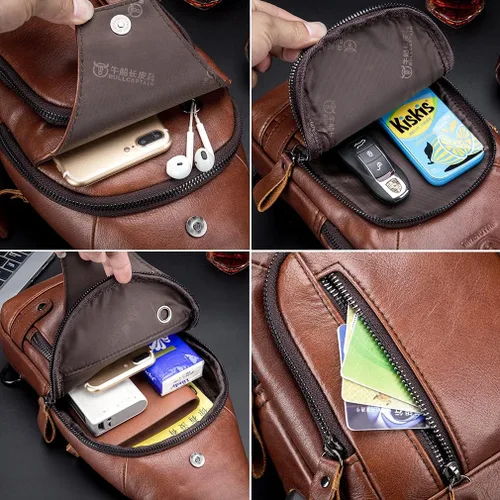 Vista 6 de Vintage Leather Sling Bag Backpack for Men Crossbody Shoulder Chest Day Pack Backpacks #10Marrón