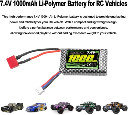 Vista 4 de HAIBOXING Batería de coche RC, batería recargable Li-PO de 7.4 V 1000 mAh para camiones RC 1/18 18859 y 18858 y 18868 y 18859A y 2196 y 2197 y 16889