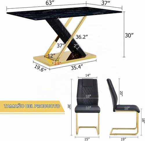 Vista 2 de Juego de Mesa de Comedor de Mármol para 4, Mesa Rectangular Negra de 63 Pulgadas con Marco de Metal Dorado en Forma de X y 4 Sillas de Comedor