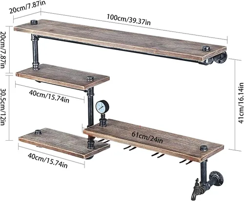 Vista 6 de Estante de vino de montaje en pared, estante industrial para vino con soporte de vidrio de 4 vástagos, estantes de bar, estante de tubo flotante