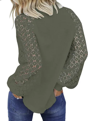 Vista 2 de MIHOLL Suéter de encaje de manga larga para mujer, estilo casual, corte suelto