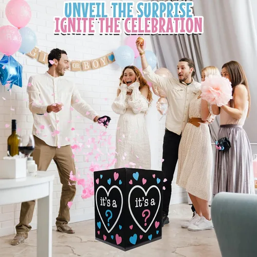 Vista 5 de Fun Express Caja de globos de revelación de género para fiesta de baby shower, caja de cartón negra de alta calidad de 24 pulgadas de alto