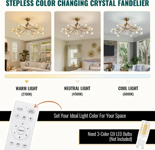 Vista 5 de Siljoy - Ventilador de techo de cristal moderno con 18 luces y control remoto, candelabro de cristal estilo Sputnik en latón dorado estilo granja