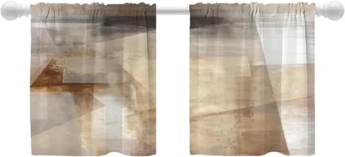 Vista 184 de Shrahala Beige and Orange Abstract Art Brushstrokes Blackout Curtain Tiers, Abstract Oil Paint Kitchen Valance Light Blocking Tier Drapes with Rod