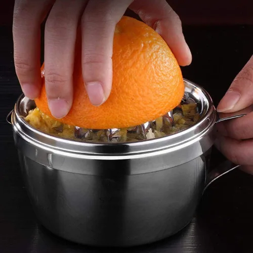 Vista 5 de Exprimidor manual de acero inoxidable Exprimidor de cítricos Exprimidor de limón naranja Herramienta de presión de mano con colador y recipiente