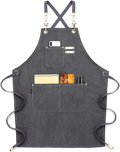 Vista 14 de NEWGEM Delantal de mezclilla de algodón con bolsillos para mujer, cocina, cocina, jardinería, pintura #1 Denim Algodón Azul Claro Con Lazos En La
