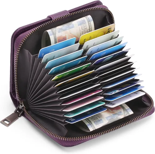 Vista 7 de GAEKEAO Cartera pequeña de cuero para mujer, con bloqueo RFID, con cremallera, organizador de tarjetas con llavero, A05-Púrpura-Large, Retro