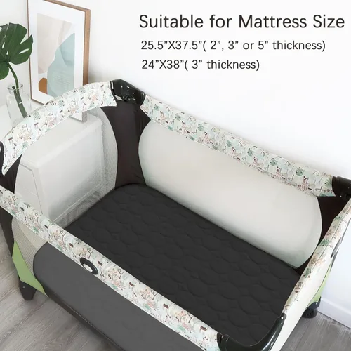 Vista 4 de Sábanas para Pack and Play Ajustables Protector Impermeable Acolchado, Paquete de 2 Almohadillas de Colchón de Corralito Compatibles con Graco Pack