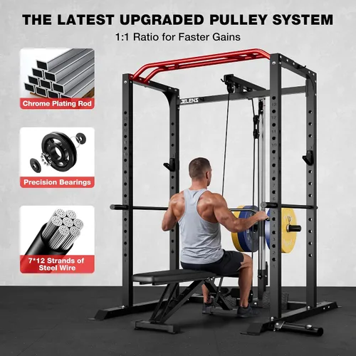 Vista 3 de Jaula de potencia JELENS, banco multifunción S11 con capacidad de 2000LBS, barra para sentadillas con sistema de poleas ajustable y más accesorios