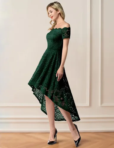 Vista 3 de Dressystar Vestido de Cóctel de Encaje para Mujer Hi-Lo con Hombros Descubiertos para Dama de Honor Vestido de Fiesta Formal Swing