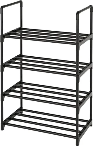 Vista 5 de Organizador de zapatos pequeño apilable de metal, estantes estrechos para armarios de entrada, zapatero con asa (3 niveles negro)