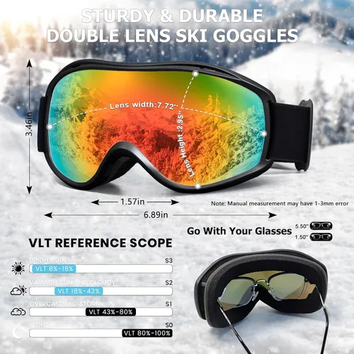 Vista 4 de SPOSUNE OTG - Gafas de esquí para hombres y mujeres, gafas de snowboard antiniebla, protección UV, gafas de nieve para adultos y jóvenes