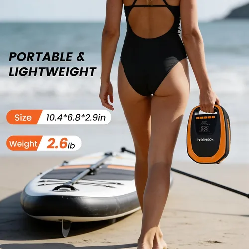 Vista 4 de Bomba eléctrica portátil para tabla de remo kosmegal, bomba SUP para tabla de remo, compresor de aire de 20 PSI con apagado automático, función