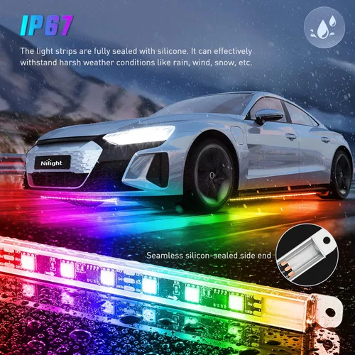 Vista 4 de Nilight 4 Piezas Tiras de Luces de Acento de Neón Underglow de Aluminio 396 LEDs Color de Ensueño Asistencia de Puerta Función Activa de Sonido