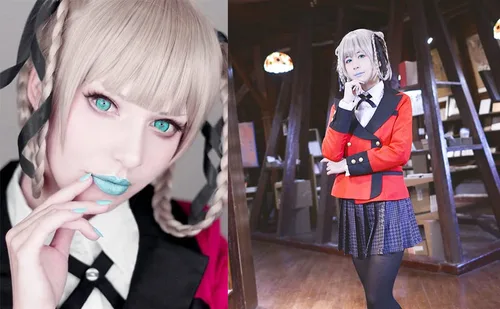 Vista 8 de JOMICO Momobami Kirari - Pelucas de cosplay para mujer, Kakegurui, Halloween, fiesta, pelucas sintéticas, color tostado con cabello trenzado y colas