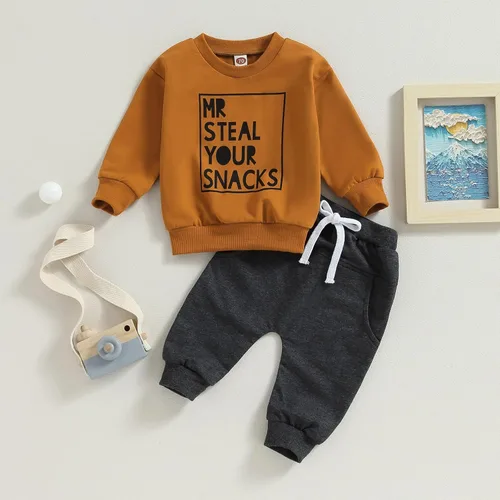 Vista 9 de Conjunto de sudadera con estampado de letras para bebé, 2 piezas, pantalones deportivos casuales para otoño e invierno