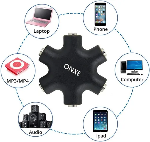 Vista 2 de ONXE - Divisor de auriculares múltiples, adaptador de audio de 0.138 in, convertidor de auriculares de 5 vías, conector auxiliar de 1 macho a cable