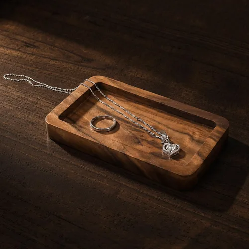 Vista 5 de Bandeja de madera de nogal para anillos, organizador de escritorio Marrón