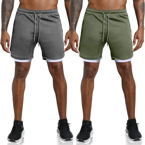 Vista 2 de Leidowei - Pantalones cortos 2en1, ligeros, de 7pulgadas y con bolsillos con cremallera para hombre, para entrenamiento, correr, hacer yoga