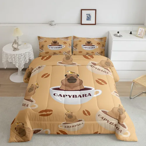 Vista 10 de Feelyou Juego de edredón de dibujos animados de Capybara, tamaño individual con 1 funda de almohada, juego de ropa de cama con estampado de Multi 02