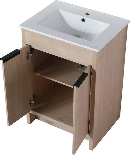 Vista 6 de Juego de tocador de baño independiente con lavabo, armario de almacenamiento moderno de 24 pulgadas con fregadero de cerámica blanca, gabinete