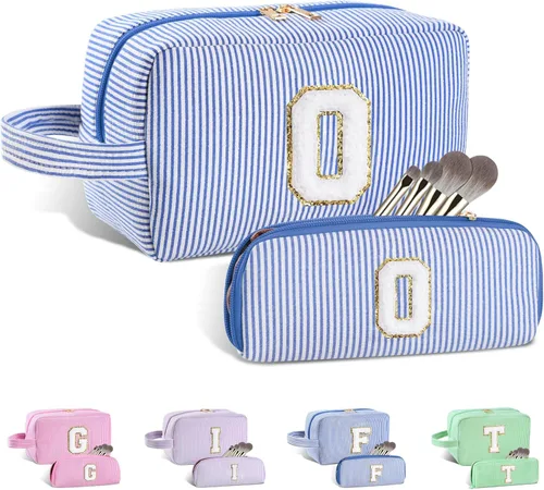 Vista 61 de Bolsa de maquillaje personalizada con inicial A-Z para mujeres, niñas y niños, bolsa de aseo de viaje, bolsa de maquillaje preparada, bolsa