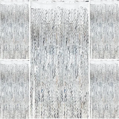 Vista 14 de Telón de fondo negro para decoraciones de fiesta, cortina de flecos de papel de aluminio ondulado, telón de fondo de fotos, cortina de oropel