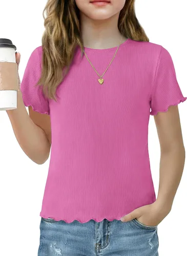 Vista 24 de Arshiner Camisas de manga corta con ribete de lechuga para niñas, camisetas de verano acanaladas con cuello redondo Blanco