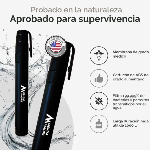 Vista 6 de Sierra Madre - Filtro de agua portátil con pajita – 1000 litros de filtración de agua para senderismo, camping, viajes - Ideal para hidratación