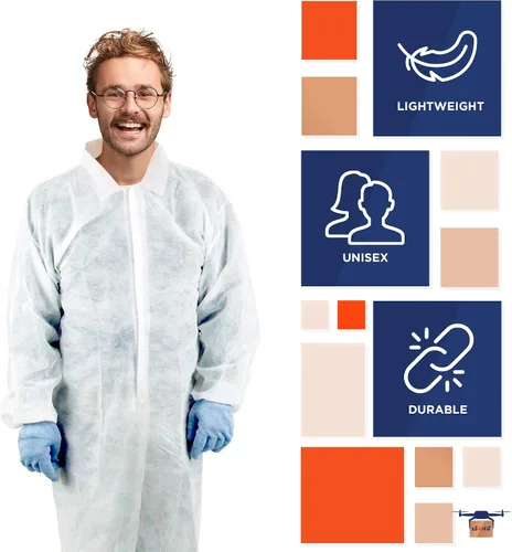 Vista 4 de EZGOODZ Abrigo de laboratorio desechable blanco mediano, paquete de 30 abrigos de laboratorio desechables para adultos, transpirable PP 35 GSM