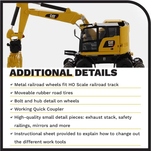 Vista 6 de Diecast Masters CAT Caterpillar M323F Excavadora de ruedas de ferrocarril con 3 accesorios High Line Series 1/87 (HO) Escala Diecast Modelo 85612