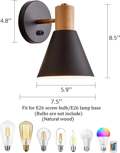 Vista 2 de ClanKin Apliques de pared con interruptor de perilla, lámpara de pared ajustable negra para dormitorio industrial, iluminación de fregadero de baño