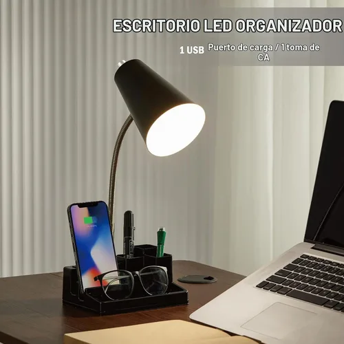 Vista 2 de HonoDing Lámpara de escritorio E26 con 1 puerto de carga USB y 1 toma de corriente AC, base organizadora, cuello ajustable, interruptor de Lámpara