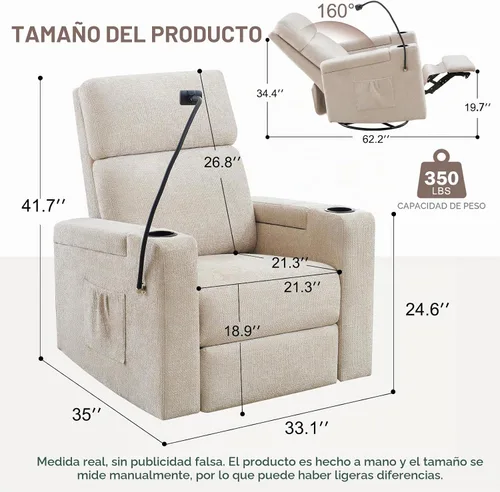 Vista 2 de ABCASA Mecedora reclinable eléctrica para guardería, planeador giratorio Chenille-marrón claro