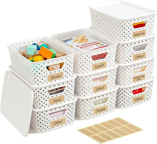 Vista 8 de Paquete de 10 cubos pequeños de plástico con tapas, cestas de almacenamiento de plástico apilables para organizar con asas, contenedores