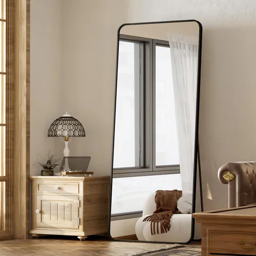 Vista 15 de BEAUTYPEAK - Espejo de cuerpo entero negro, espejo de piso de 56 x 21 pulgadas con esquinas redondeadas, espejo para colgar, apoyar contra la pared