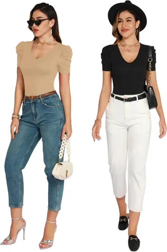 Vista 4 de MANGOPOP Body para mujer, cuello en V profundo, hombros descubiertos, manga corta, ajustado, traje de cuerpo casual, blusa elegante