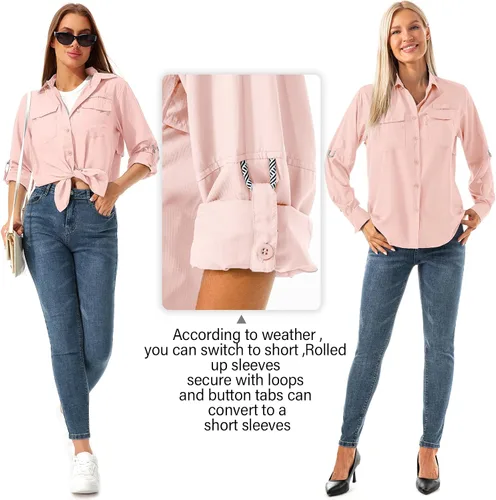 Vista 4 de Camisas de safari para mujer, manga larga, protección solar al aire libre, secado rápido, pesca, senderismo