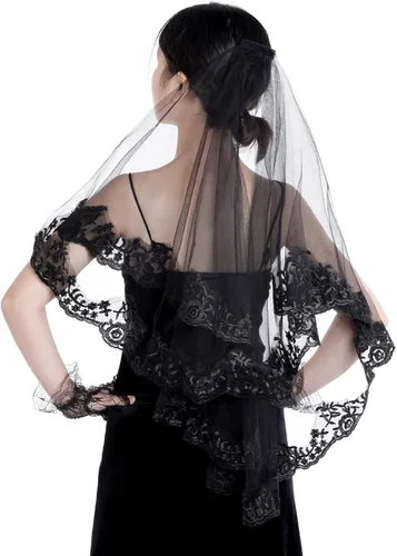 Vista 7 de choyaxo Velo de novia de encaje negro, velo de novia de encaje floral, velo de Halloween con peine y guantes cortos de encaje negro para mujeres