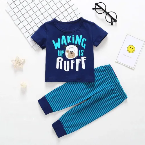 Vista 2 de Conjunto de ropa de bebé para niños, 2 piezas, para niños recién nacidos, dibujos animados, perro de manga corta, camiseta Tops+pantalones a rayas