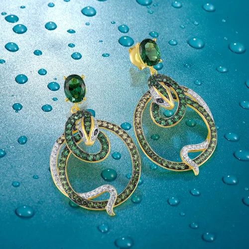 Vista 3 de Santuzza Aretes de plata de ley 925 con piedras preciosas de serpiente y circonita cúbica para mujer