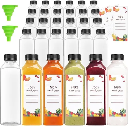 Vista 8 de OBKJJ 40 botellas de jugo de 4 onzas, botellas de jugo con tapas, botellas transparentes vacías reutilizables con etiqueta, embudo, cepillo