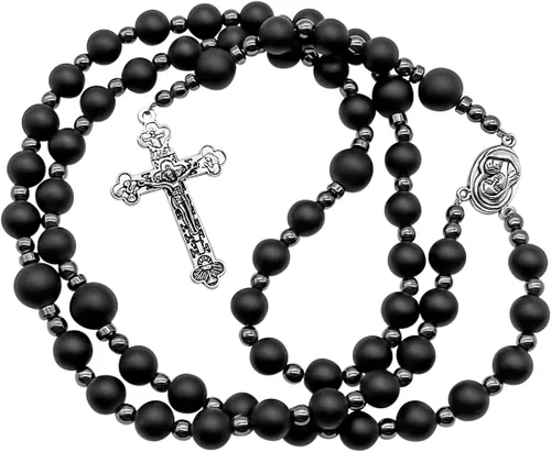 Vista 7 de Nazareth Store Rosario de cuentas de ágata negra, rosario de hombres católicos con cuentas naturales mate con piedras de hematita, medalla de suelo