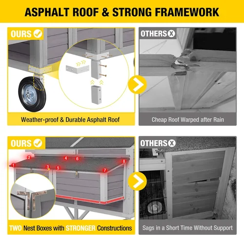 Vista 4 de Aivituvin gallinero móvil de madera con casa para gallinas y caja para rodar, jaula grande para aves mejorada con marco de hierro fuerte, duradera e