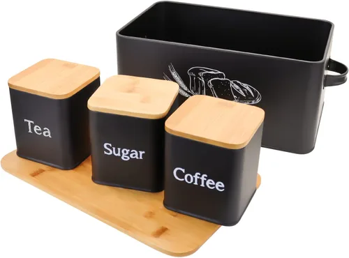 Vista 8 de SOTECH Caja de Pan con 3 Frascos Café Azúcar Té para Encimera de Cocina Caja de Pan de Metal Blanco con Tapa de Tablero de Bambú Conjunto